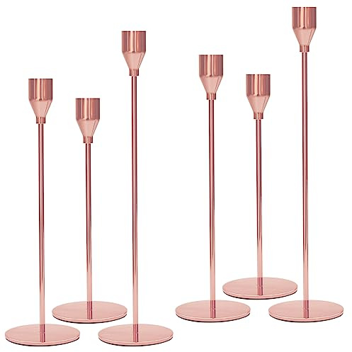 Juego de 6 candelabros de oro rosa, soporte alto de metal vintage en combinación de 3 tamaños, vela de 3/4 pulgadas de grosor, portavelas de cena para San Valentín, Navidad, boda, aniversario, fiesta