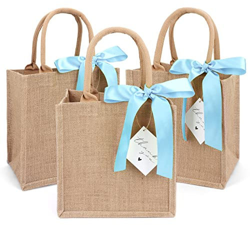 Cute Leaf 6 Pack Burlap Tote Bags with Handles Reusable Small Jute Gift Bags with Blue Silk Ribbons Waterproof Lining for Wedding Bridesmaid Mother's Day Bachelorette Beach Party