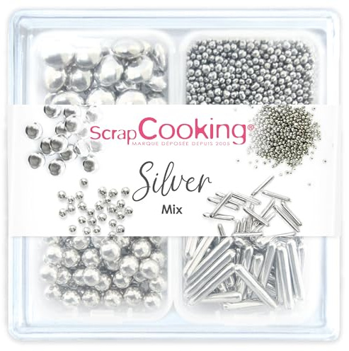 ScrapCooking - Décors Sucrés « Silver Mix » 63 g - Assortiment 4 Variétés : Argenté - Décorations Gâteaux, Cupcakes - Anniversaire Noël - 7530