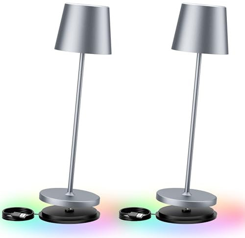 brightower 2 Stück LED Akku Tischlampe Kabellose, Dimmbare Touch Tischleuchte mit USB Ladestation, Warmweiß & 8 RGB Farben Outdoor Tischlampe, Aluminium, IP54 Wasserdichte (Silbergrau 2 Stück)