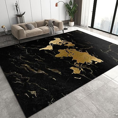 TEMLAN Retro-Luxuskarte Aus Schwarzem Gold Teppiche Gegend, Weltkarten Kurzflor Teppiche für Teppich Wohnzimmer Teetisch Sofa Bodenmatte Schlafzimmer Nachttisch Teppich 160 x 230cm