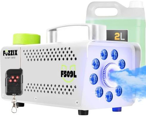 Fuzzix F509LW Nebelmaschine Mini mit LED Lichteffekt und 2 Liter Nebelfluid, 500 Watt mit Fernbedienung, Rauchmaschine Party, Smoke Machine mit 9 LEDs RGB, Hochzeiten, Nebelmaschine Halloween Party