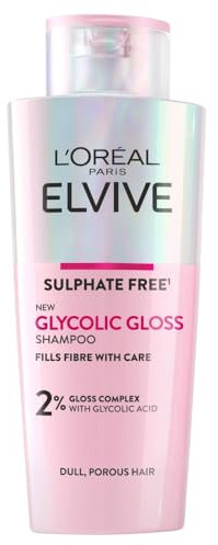 L'Oreal Paris Elvive Glycolic Gloss Sulphate-Free Shampoo, with 2% Glycolic Acid Complex, Instantly Transforms Dull Hair for Shine, Smoothness & Strength, All Hair Types, 250ml