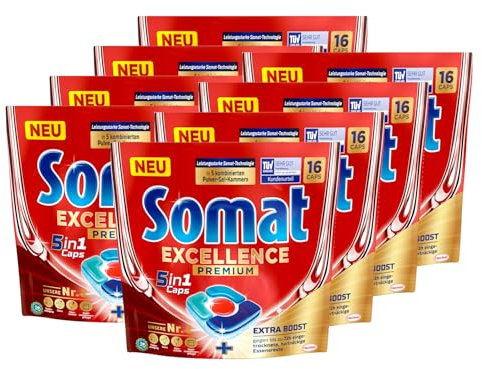 SOMAT Excellence Premium 5in1 Caps 128 Stück (8 x 16 Caps), schnellauflösende Tabs mit Extra-Boost, entfernen eingetrocknete Reste und wirken in Kurz-, Eco- und Niedrigtemperaturprogrammen.