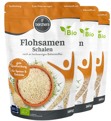 BORCHERS Bio Flohsamenschalen, 3x 160g, Quellwirkung, Ballaststoffreich, Bio-Qualität, Vegan, Beliebt beim Backen, für Speisen und Getränke, Geschmacksneutral