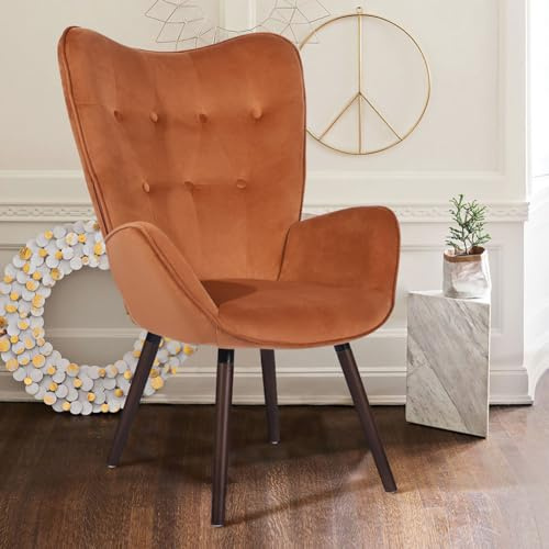 Shally Dogan Poltrona da Casa Salotto con Rivestimento in Velluto, Sedia Design Scandinavo Seduta Ergonomica e Braccioli, Piedi in Legno Naturale, Poltroncina Imbottitura Alta Densità (Terracotta)