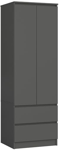 AKORD Kleiderschrank Star S | Zweitürig S 60 cm | 2 Schubladen mit Regalen und Einer Kleiderstange | für Kleiderschränke Schlafzimmer | laminierte Platte 16 mm | Graphitgrau