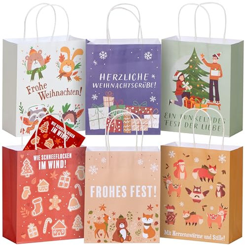 JOYIN 6 Stück Weihnachten Geschenktüten mit 6 Weihnachtskarten zum Dekorieren, Kraftpapiertüten Geschenktasche für Weihnachten, Geschenkverpackung