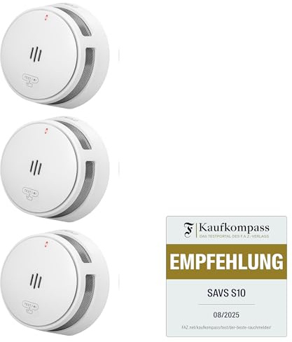 SAVS S10 Stand-Alone-Rauchwarnmelder - Integrierte Rauchmelder 10 Jahre Batterie - Optischer Doppelsensor - Fernbediente Mute-Funktion - Schlankes & Modernes Design - Einfache Installation – Weiß (3) | 3er-Set Rauchwarnmelder mit 10-Jahres-Batterie, optischem Doppelsensor, Fernbedienungs-Stummschaltung und EN 14604.