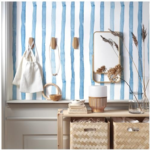 FENTIS Blu Effetto Strisce Carta da Parati Autoadesiva Bianco Staccare e Incollare Carta a Contatto Plastica Adesiva Film Vinilico Adesivo Murale Rotoli per Cucina Armadio Lavabile 44,5x500cm