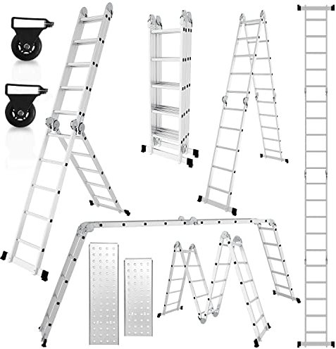 Cecaylie Scala multiuso in alluminio, 4 x 5, 582 cm, 7 in 1, con piattaforma, scala con 2 pannelli di ponteggio, scala da lavoro, scala pieghevole, 20 gradini, argento