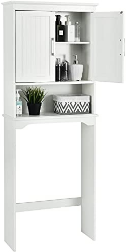 COSTWAY Meuble WC 2 en 1 avec Placard à 2 Portes, Meuble de Rangement au-Dessus des Toilettes ou Lave-Linge avec Compartiment Ouverte, Étagère de Toilette Moderne, 23 x 63 x 170 cm, Blanc
