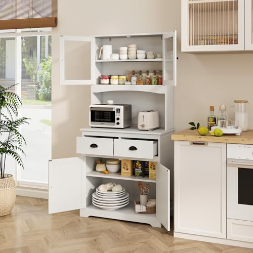 GOPLUS Armario Buffet de Cocina de 170 cm de Altura con Alacena, Armario de Despensa Independiente con Puertas de Vidrio Templado, 3 Estantes Ajustables y 2 Cajones, Mueble Auxiliar para Salón Comedor