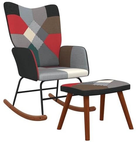 Xichuzi Schaukelstuhl mit Hocker, Sessel Wohnzimmer, Schaukelsessel, Stillsessel, Schwingsessel, Tv Sessel, Ohrensessel, Relaxsessel, Rocking Chair, Patchwork Stoff