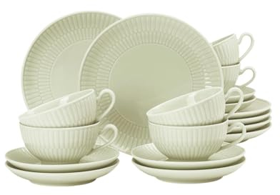 Seltmann Weiden Amina Seladon Teeservice 18-teilig, Teetassen mit Untertassen (140 ml) und Brotteller (16 cm) für 6 Personen, Teegeschirr mit dezentem Relief-Muster, Porzellan, Grün