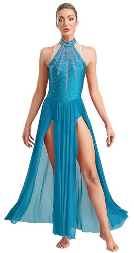 Fldy Vestidos de danza lírica largos para mujer con lentejuelas sin mangas leotardo con abertura falda swing contemporáneo traje de danza contemporánea, azul claro, S