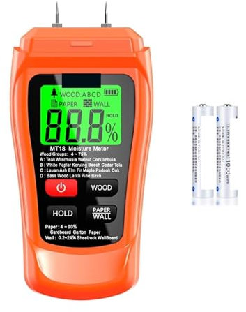 Misuratore di Umidità, MT-18 arancione 0-99,9% misuratore di umidità del legno digitale a due pin tester di umidità della carta igrometro da parete rilevatore di umidità del legno per legna da ardere,