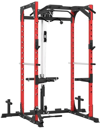 SPORTNOW Power Tower, Stazione Fitness con Stazione Cavi, Supporto per Bilanciere, Dischi e Barra per Trazioni e Dip, Palestra Multifunzione in Acciaio, per Home Gym Casa, 191x153x205 cm, Rosso e Nero