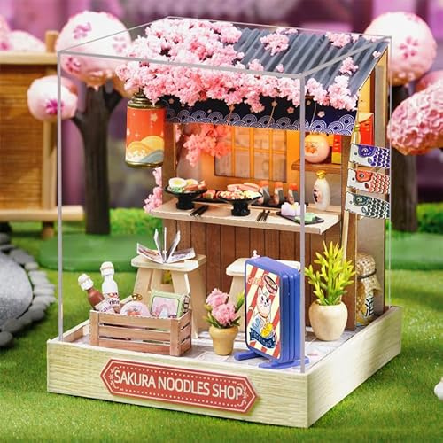 ESTUSR DIY Miniature Dollhouse Kits - Wooden Mini Model House with LED Lights, Tiny Furniture & Accessories – Craft Building Kits for Teens & Adults (Noodles Shop) – Birthday Valentine's Gift