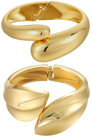 Emibele Gold Breit Manschette Armband Stack, 18K vergoldet Offener Armreif Armband, Teardrop Scharnier Handgelenk Chunky Armband Set für Frauen, Nicht Anlaufen Schmuck Geschenk, 2 Pack