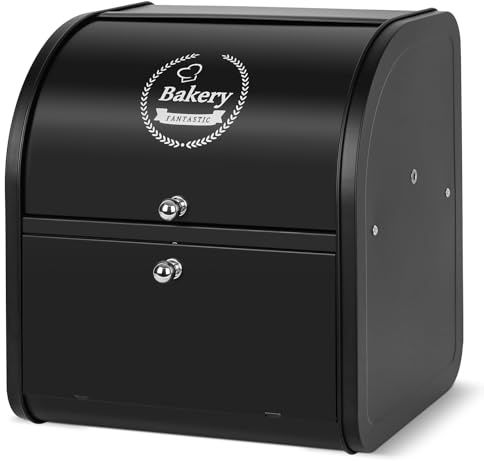 Nymblis Bread Bin, Bread Bins for Kitchen, Double Bread Box with Roll Top Lid, Metal Large Bread Bin Storage Containers Black, 30 x 25 x 33 cm