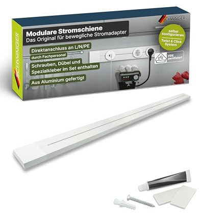 SCHWAIGER Konfigurerbar grenuttag I 100 cm i vitt I strömskena i aluminiumdesign för modulära uttag I Individuellt justerbar I VDE-testad och perfekt för kök, kontor och verkstad