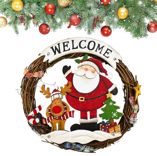 SLTAXAR Ghirlanda Natalizia Intrecciata 24cm Corona dell'Avvento Ghirlanda con Welcome di Legno Ghirlande in Rattan per Natale Decorazione Natalizia da Appendere per Decorare Finestre Tavoli e Porte