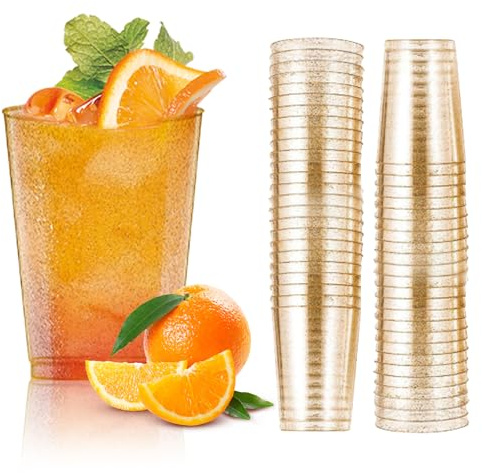 WIYETY 50 st. dryckesmugg 300 ml, plastmuggar – guldglitter återanvändbara partymuggar – återanvändbara plastmuggar för bröllop, födelsedag, cocktail, dessert