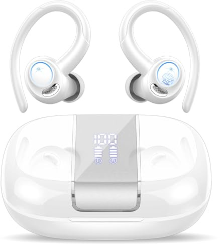 Bluetooth Kopfhörer Sport, Kopfhörer Kabellos Bluetooth 5.3 mit ENC Mikrofon, 48Std Premium-Tiefbass Wireless Earbuds mit LED Anzeige,Leichtes Design,IPX7 Wasserdichte Ohrhörer with Earhook, Milchweiß