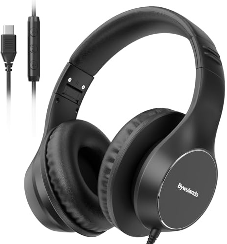 Bywulanda USB-C Kabelgebundene Over-Ear-Kopfhörer, Kabelgebundenes Stereo-Headset mit Mikrofon, Lautstärkeregler, Komfortabler, Faltbarer Kopfhörer für iPhone 15/16/17, Samsung/Laptop/Tablets/Reisen