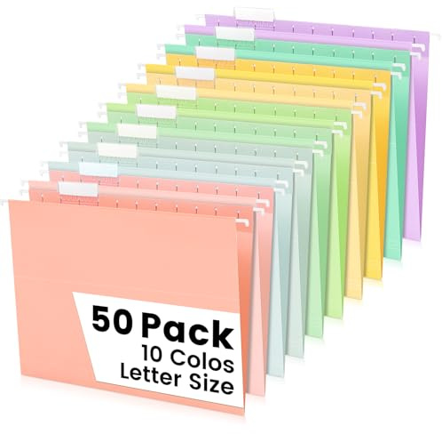 50-Pack Pastel Hanging File Folders, Letter Size with 55 Transparent Label Cards, 60 Sticker Labels,1/5-Cut Tabs–Home Office & Filing Cabinets