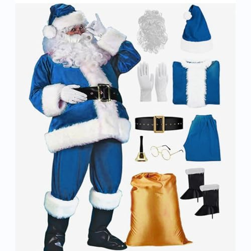 Costume da Babbo Natale per adulti, set da 10 pezzi, deluxe da uomo, taglie forti, cosplay, vestiti, pantaloni, stivali, cappello, barba, borsa, campana, guanti, occhiali, cintura, vestito di Babbo