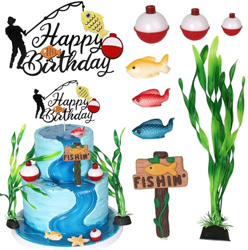 Pack of 10 Fishing Cake Decorations Fishing Gone Cake Decoration Glitter Fisherman Happy Birthday Cake Toppers for Outdoor Theme Birthday Retirement Party Cake Decorations