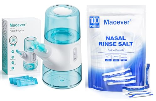 Nasal Irrigation System – Positive Pressure Sinus Rinse Machine with Dual Water Tank, Automatic Waste Collection & Adjustable Water Flow | Includes 130 Salt Packets – Nasal Washer for Allergy Relief,