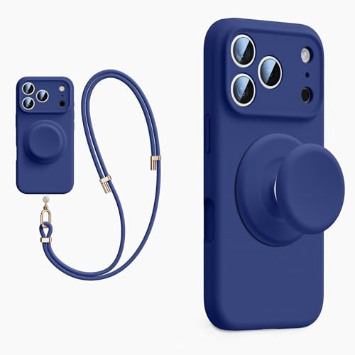 XZC Funda de silicona líquida para iPhone 17 Pro Max, con soporte emergente, cordón cruzado, compatible con MagSafe, protección completa de la cámara, (azul, iPhone 17 Pro Max)