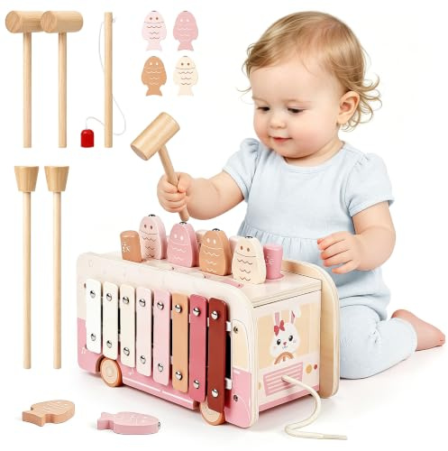 Vanplay Montessori leksak från 1 år, 7-i-1 hammarspel fiskespel magnet, träleksak, motorikleksak, gåva barnleksak från 1 2 3 år flicka