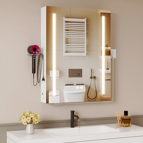 ChromaCasa Specchio Bagno Contenitore con 3 Colori Luce e 1 AC/2 USB, Armadio Specchio Bagno con Deumidificazione con 1 Tocco con Mensola Regolabile(50x70x15cm,Bianco)