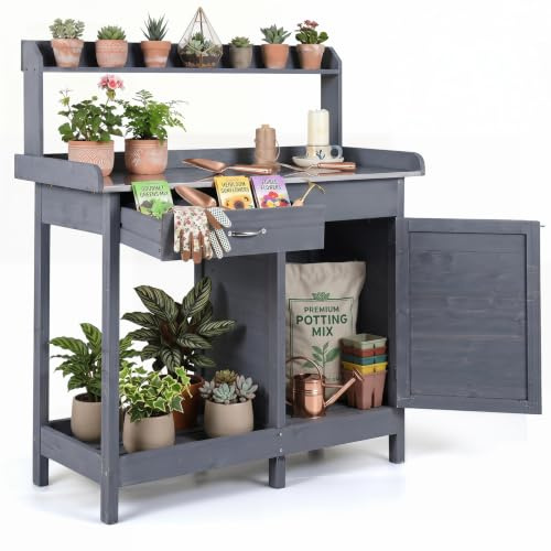 GYMAX Table de Rempotage Extérieur en Bois avec Plateau INOX (Gris) | Meuble de Jardinage avec Tiroir, Étagères, Placard et Crochets, 3 Rebords, pour Jardin Balcon Terrasse, 112 x 46,5 x 125 cm