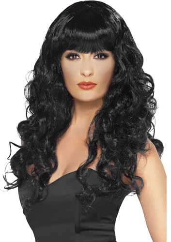 Smiffys Sirene Perücke, Schwarz, Lang, Lockig mit Fring Halloween