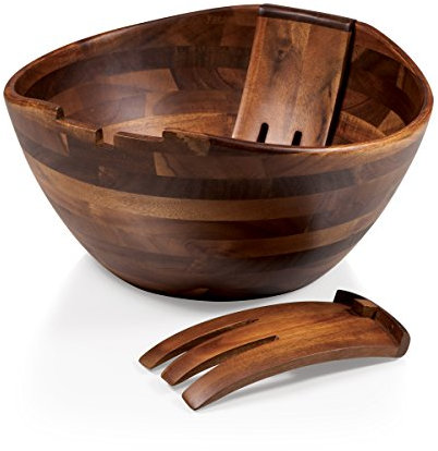 PICNIC TIME Mescolare Large Salad Bowl with Integrated Serving and Tossing Tools, Hardwood, Fabio Viviani-Acacia Wood, 13.25 x 12.75 x 6.5