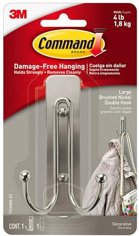 Command Brushed Nickel Double Decorative Hook for Indoor Use - 1 Metal Large Hook and 1 Adhesive Strip - Hang Jackets, Purses, Handbags, Hats, Scarves, Dog leads - Organise Damage Free