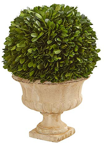 Nearly Natural 12in. Boxwood Topiary Ball Preserved Plant in Decorative Urn