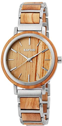 Raptor Damen-Holzuhr Edelstahl Faltschließe Natur Analog Quarz RA10207 (Olivenholz)