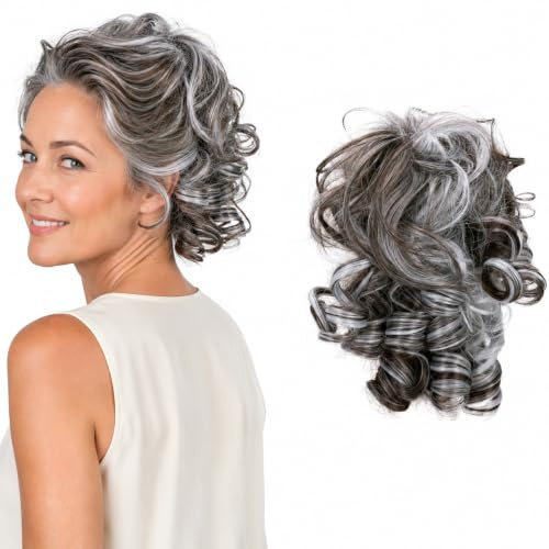 CAISHA Haarteil Haargummi Dutt Gelockt Messy Bun Braun Grau Mix G14L | Haargummi für Hochsteckfrisuren, hitzebeständig, voluminös, unordentliche Donut-Accessoires, elastisches Band, Brautschmuck