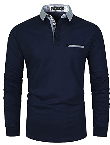 GHYUGR Herren Poloshirt Baumwolle Langarm Polohemd klassisch Plaid T-Shirt,Blau 2,XXL