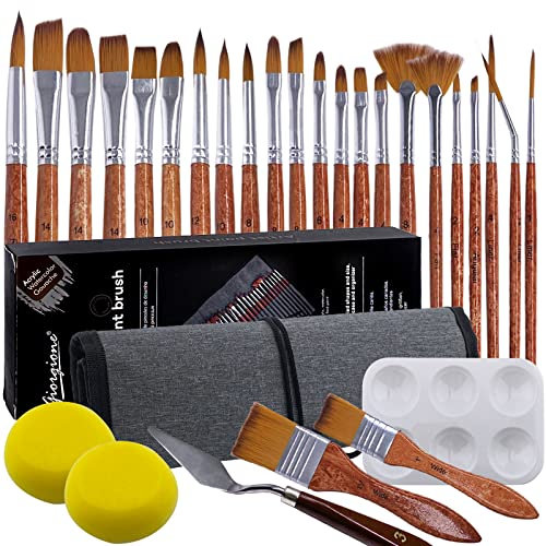 Withosent Set Pennelli Pittura di 29 Pezzi Pennelli per Dipingere, Pennelli Acquerello Kit Pittura Professionale con Borsa di Tela, Tavolozza di Miscelazione, Spatola, 2 Spugna
