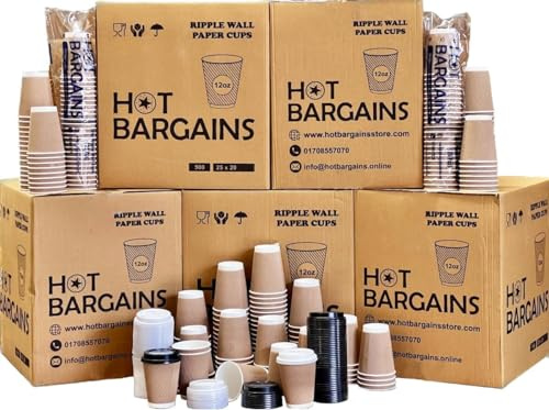 HOT BARGAINS - Kraft Triple Walled Disposable Paper Ripple Cups - 50 X 12oz / 360ml, Hot Drink Cups + Reusable Lids (Black/White) (12oz)