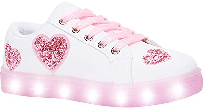 FabKids Unisex Low Top Sneaker - Lace Up - (Toddler, Little Kid, Big Kid), Light Up Sole, White with Red Glitter Hearts, Size 2