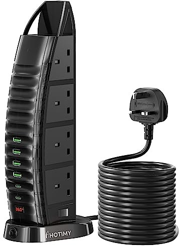 Tower Extension Lead 4M, Hotimy Plug Extension Tower 8 Outlets and 6 USB (2 Type C & 4 USB Ports) with Widely Spaced Outlets 13A 3250W & Long Extenion Cable 4-Metre for Home, Office, Kitchen - Black