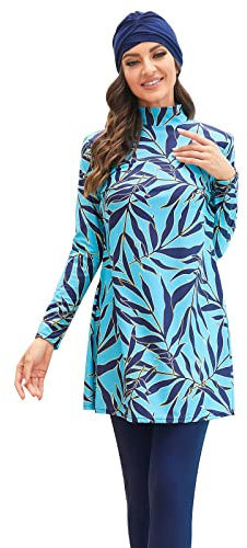 Odizli Burkini Damen Muslim Muslimische Badeanzug Frauen Islamische Arabische Lang Große Größen Langarm Shirt+Badehose+Badekappe Hijab 3tlg Modest Bademode Rashguard Schwimmanzug Himmelblau #A M
